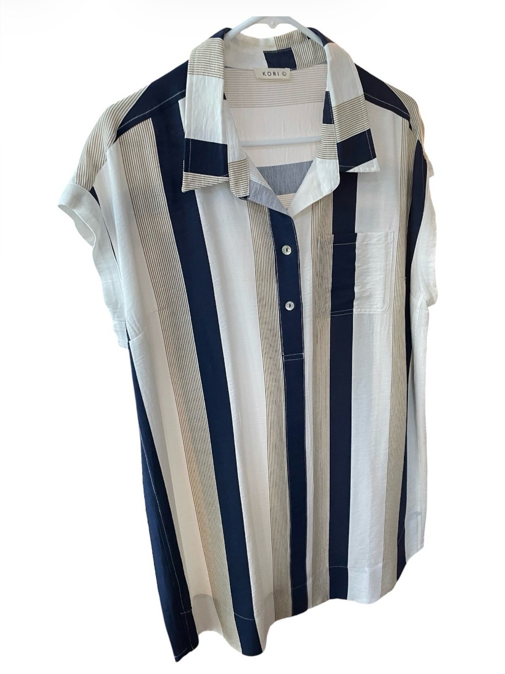 Kori Vertical Stripe Short-Sleeve Button Shirt Dress in Navy, White, and Tan